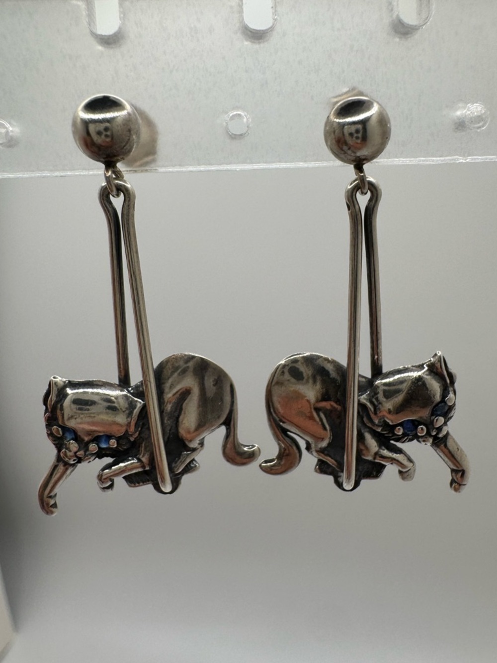 925 Sterling Silver Spinel Whimsical Swinging Cat Earrings Set 4.7g